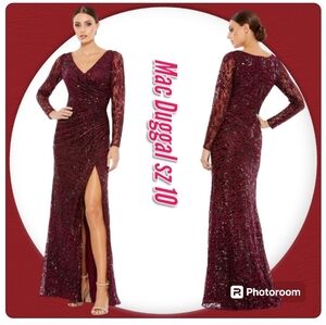 Mac Duggal Maxi Dress Ruched Embroidery Lace Sequin Faux Wrap Long Sleeves Gown